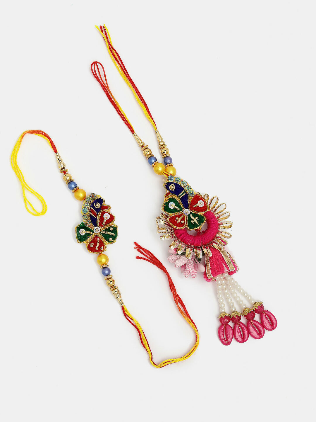 NVR Women & Men Set of 2 Multicolor Thread Work & Beaded Bhaiya Bhabhi Rakhi With Roli Chawal & Chocolate