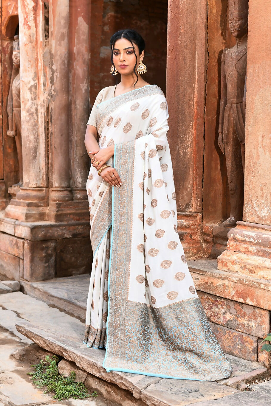 Joban Fashion Light Sky Blue Crepe Chiffon Pure Handloom Banarasi Silk Saree
