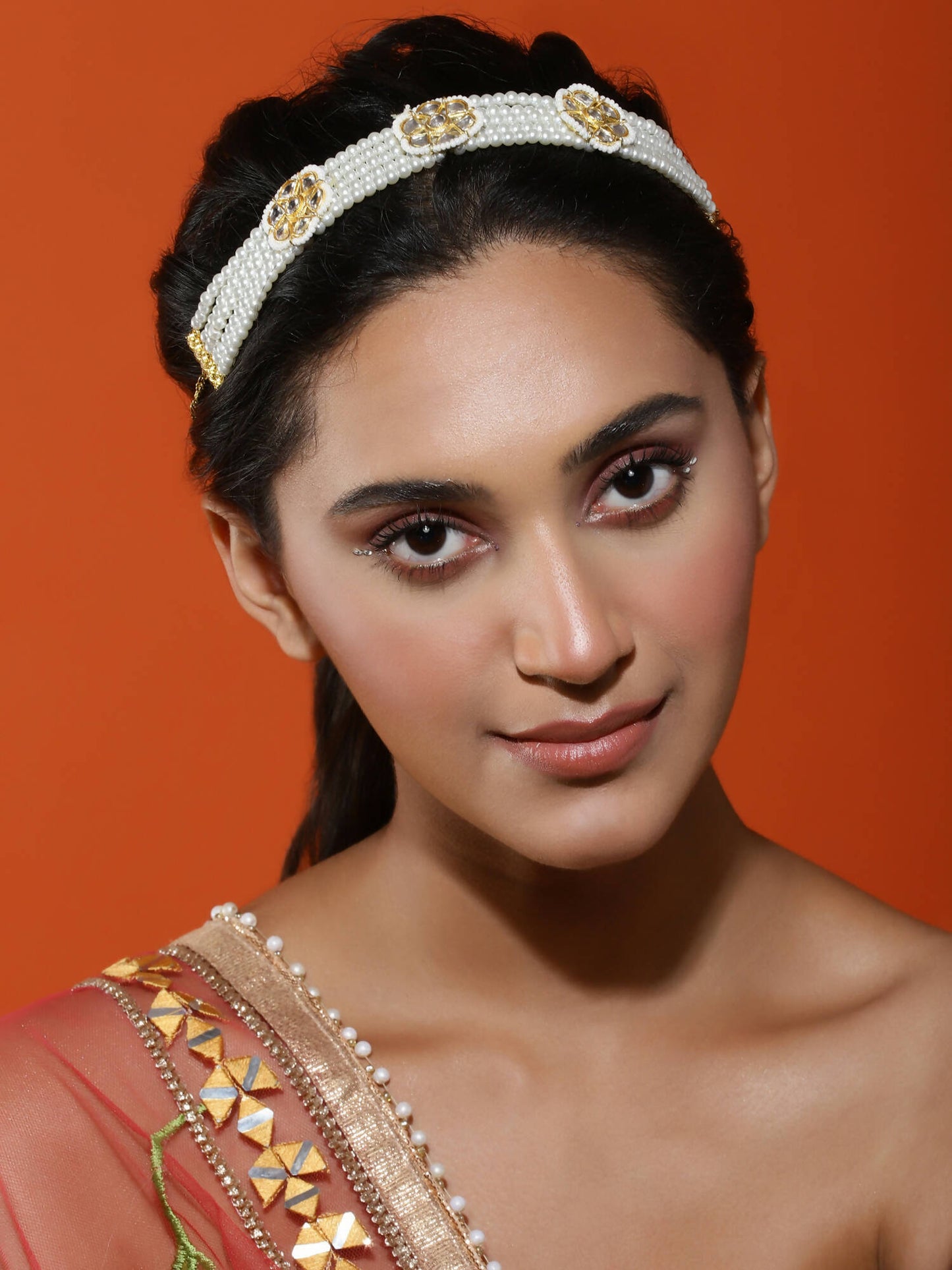Gold-Polished White Kundan Studded Headband - Ruby Raang