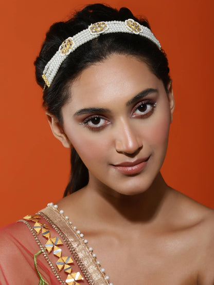 Gold-Polished White Kundan Studded Headband - Ruby Raang