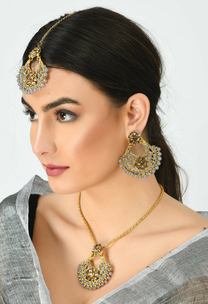Mominos Fashion Johar Kamal Gold-Polished Brass Finish Long Necklace For Women (Golden/Grey)