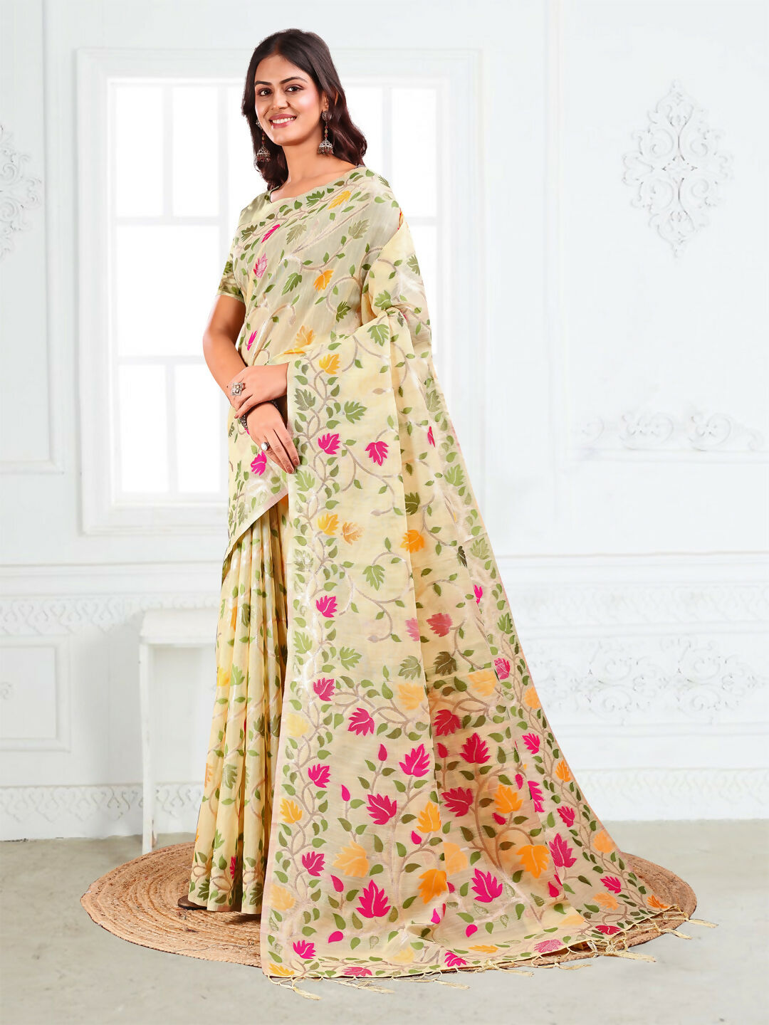 Shree Shyam Fashion Linen Cotton Off White Saree