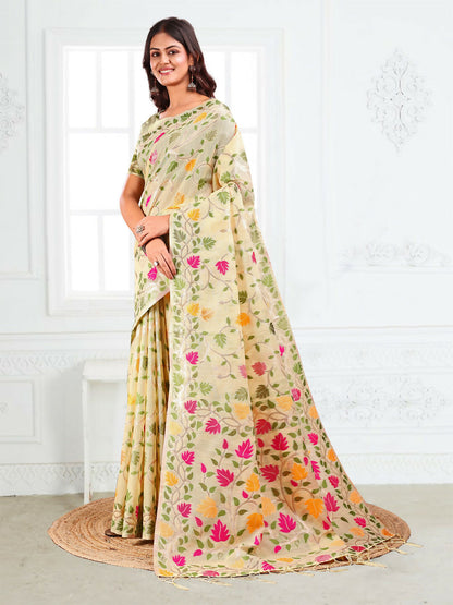 Shree Shyam Fashion Linen Cotton Off White Saree