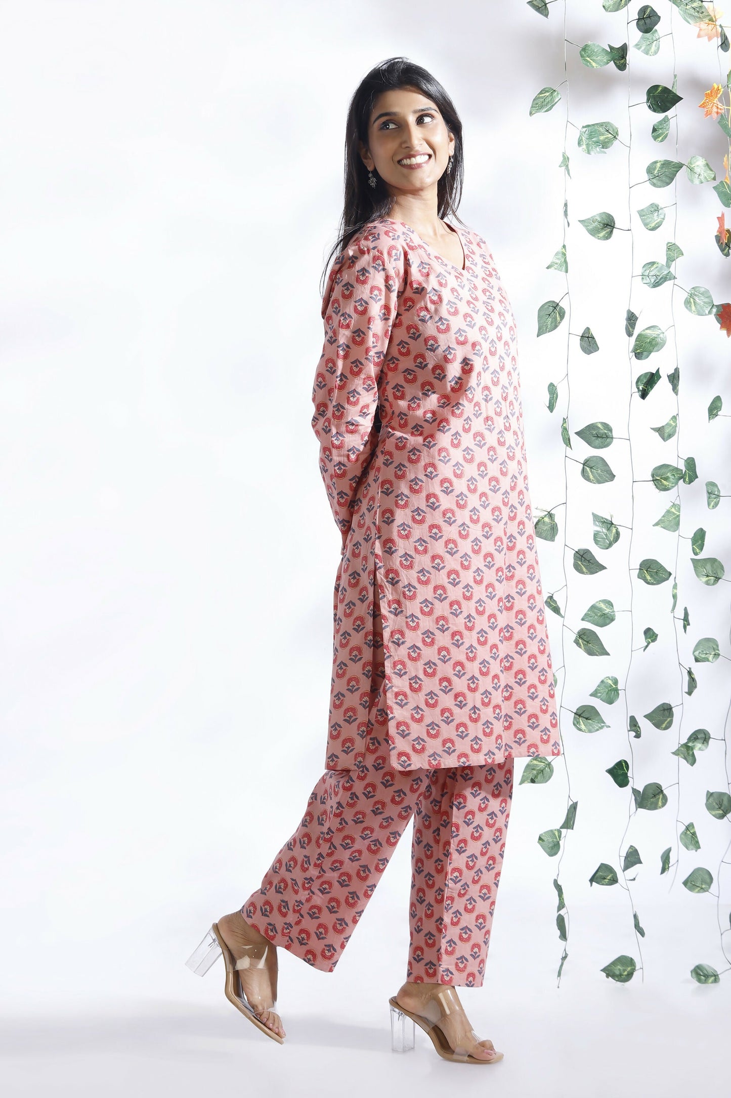 Breathables Women’S Loungewear Long Kurta Co-Ord Set Cotton Pink Indian Motif Butta Print