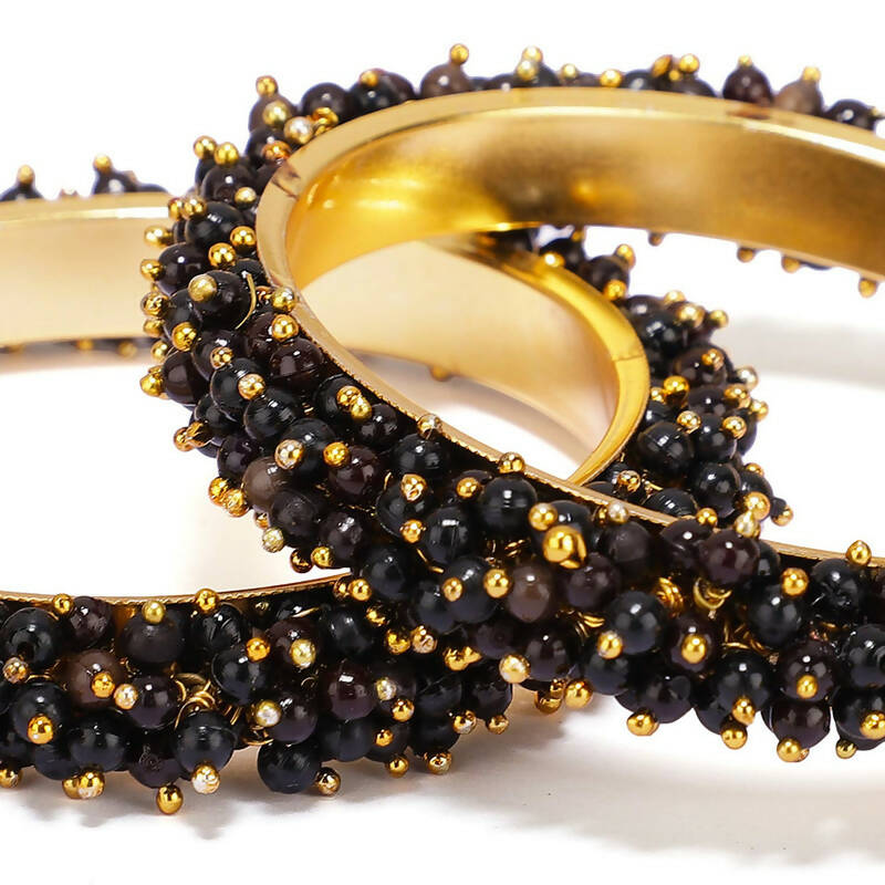 Mominos Fashion Joharkamal Gold-Polished Black Beads Work Bangles