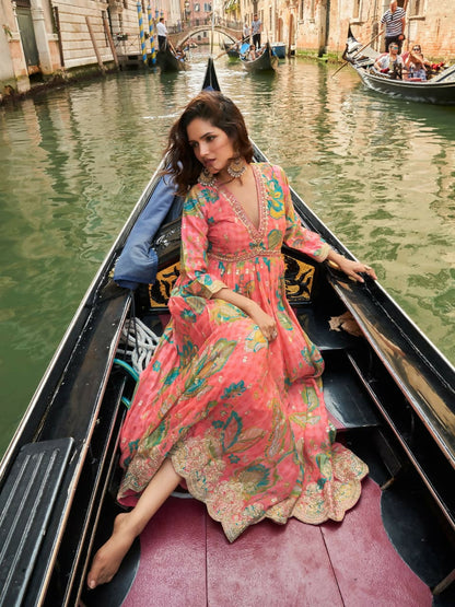 Anaita Pink Chinon Silk Readymade Anarkali Suit with Embroidery Work
