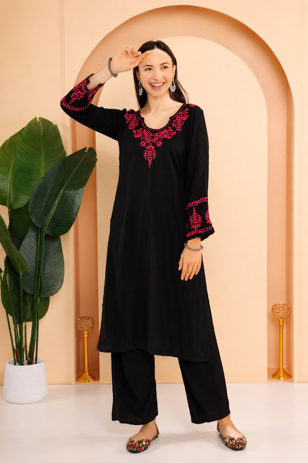 Gharana India Modal Black Chikankari Kurta Coord Set With Pink Coloured Thread Embroidery