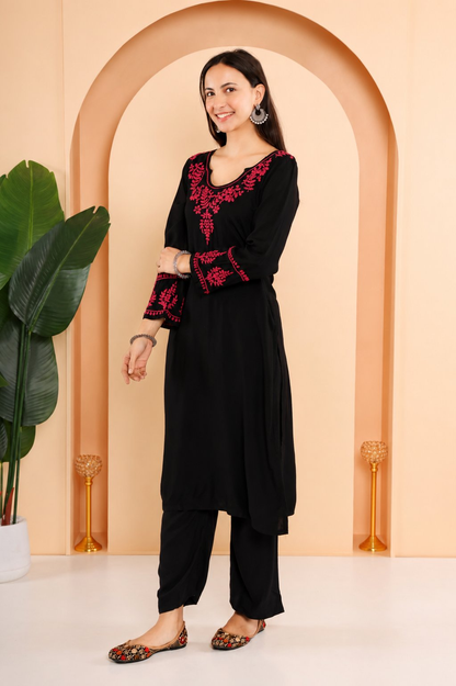 Gharana India Modal Black Chikankari Kurta Coord Set With Pink Coloured Thread Embroidery