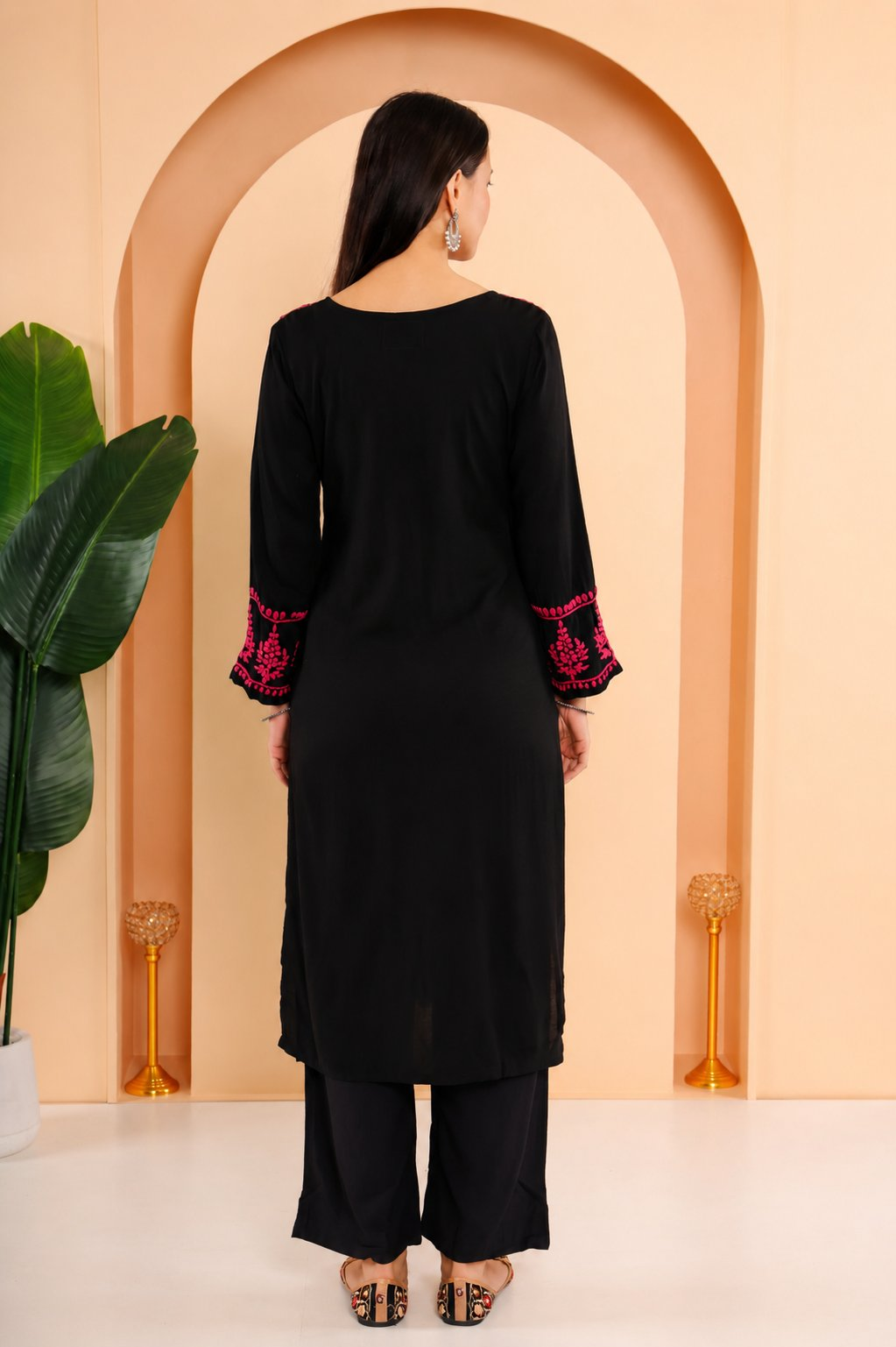Gharana India Modal Black Chikankari Kurta Coord Set With Pink Coloured Thread Embroidery
