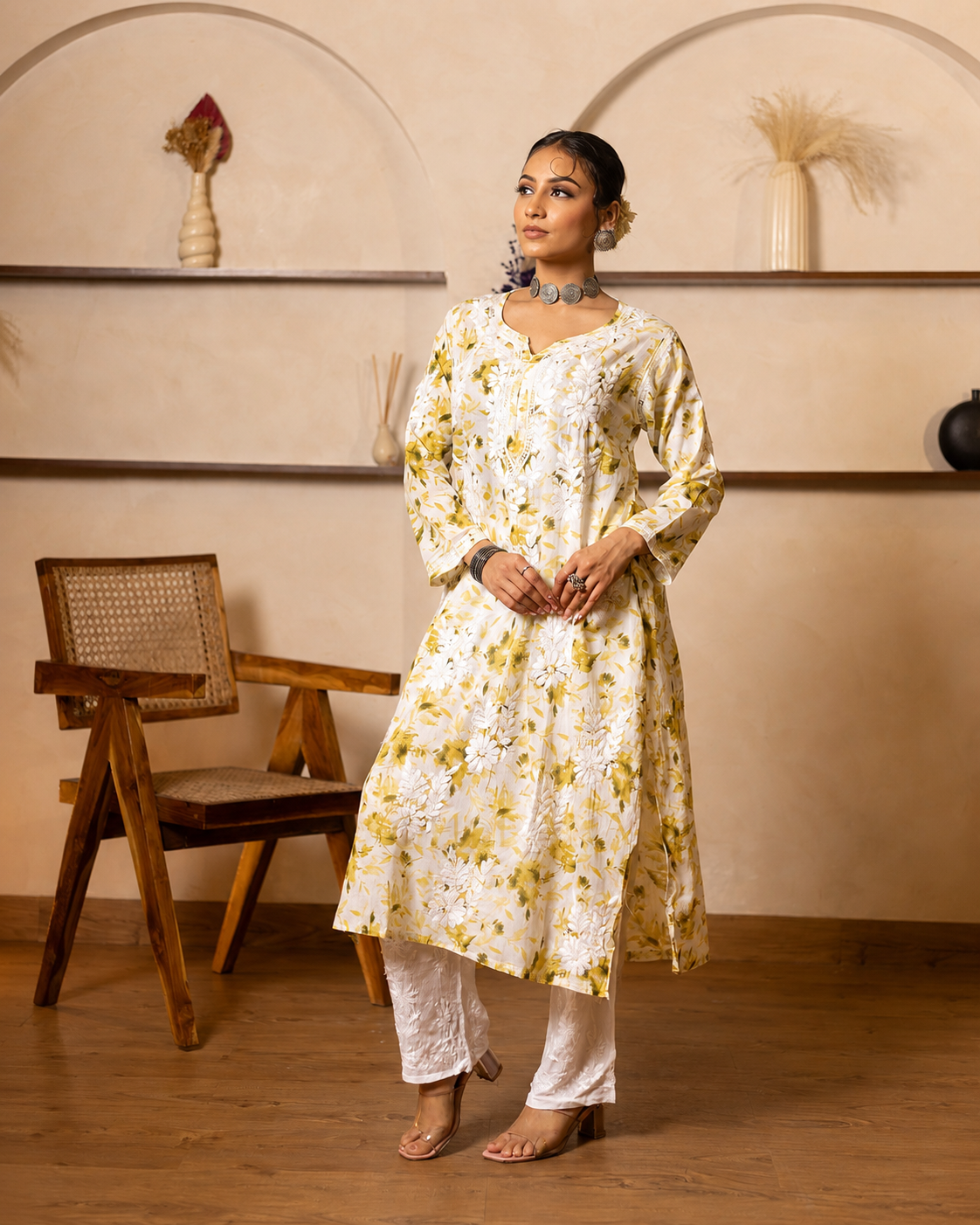 Gharana India Mulcotton Printed Green Chikankari Kurta