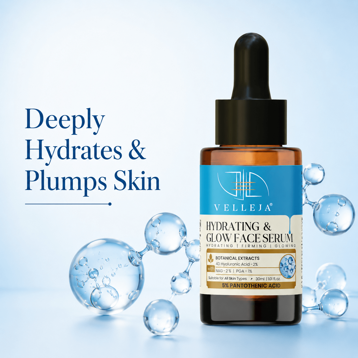 Velleja Hyaluronic Acid Hydrating & Glow Face Serum|48-Hour Moisture Lock|Plumping, Firming & Lightweight Serum for Extra Dry Skin