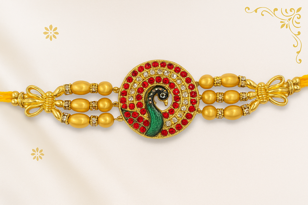 Elegant Peacock Design Rakhi with Golden Beads & Stone Work