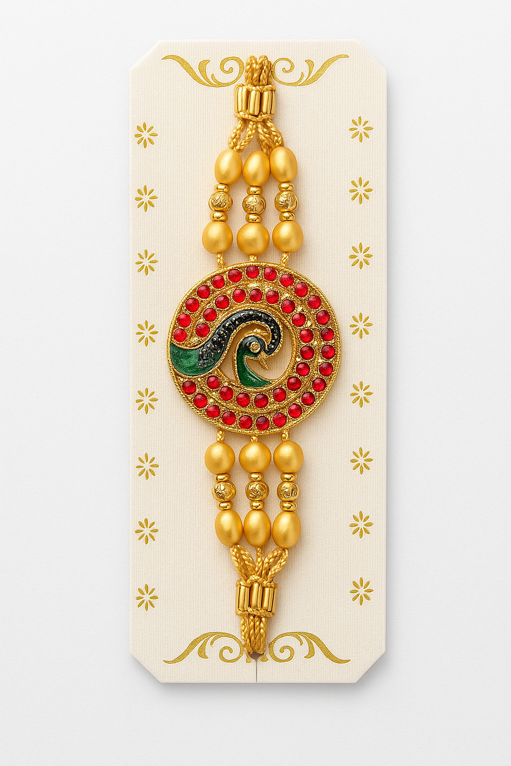 Elegant Peacock Design Rakhi with Golden Beads & Stone Work