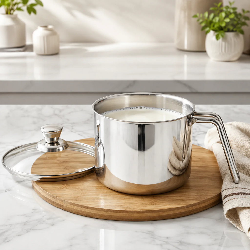 Vinod Platinum Triply Stainless Steel Milk Pot 2L 14cm with Glass Lid