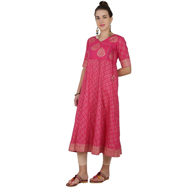 Cheera Angrakha Checkered Foil Printed Kurta With Doori Tassels