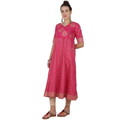 Cheera Angrakha Checkered Foil Printed Kurta With Doori Tassels