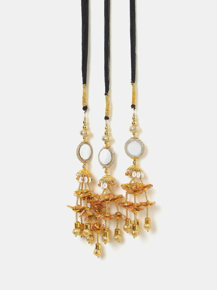 Ruby Raang Gold Gota Pati Work And Threads With Pearls And Black Thread And Mirrors