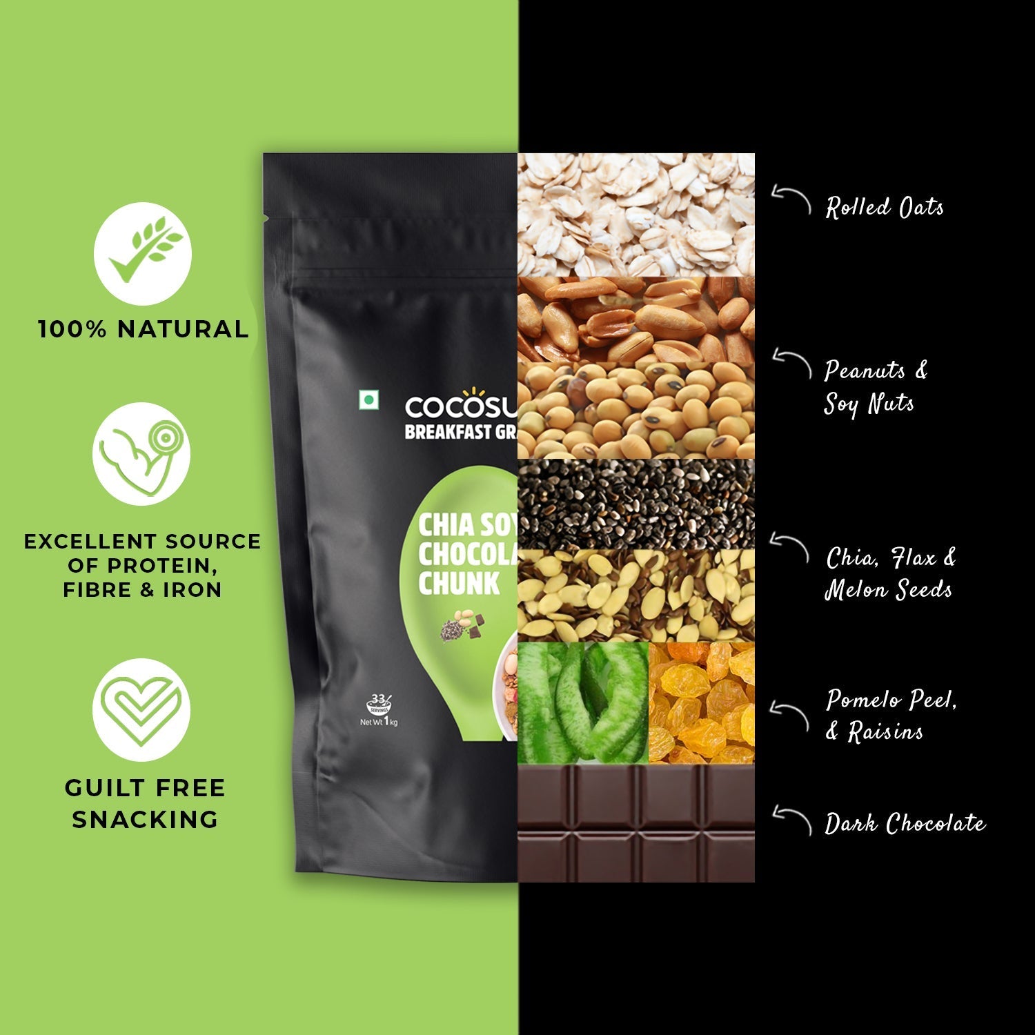 Cocosutra Chia Soya Chocolate Chunk Breakfast Granola - 1 Kg