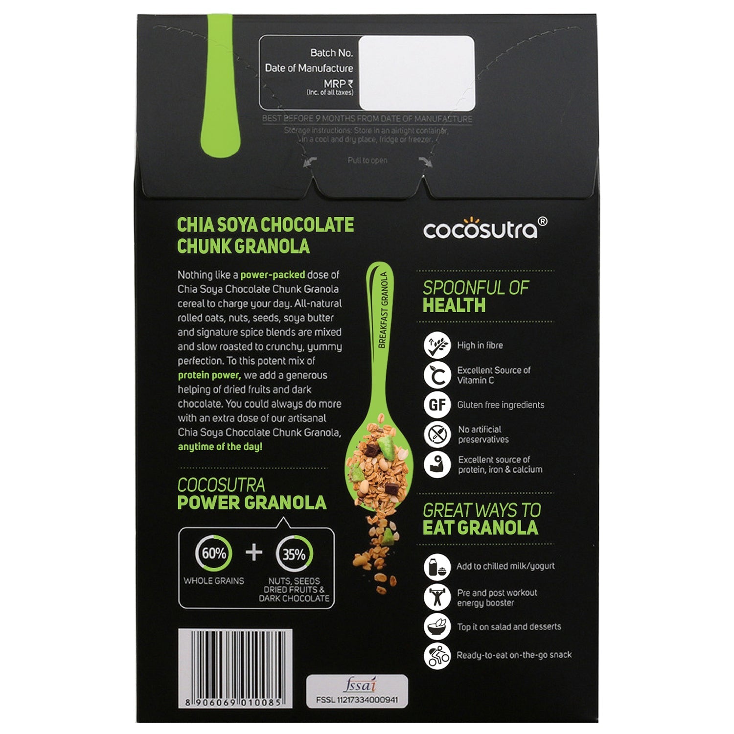 Cocosutra Chia Soya Chocolate Chunk Breakfast Granola - 300 gms