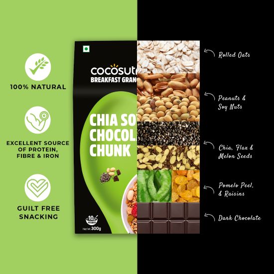 Cocosutra Chia Soya Chocolate Chunk Breakfast Granola - 300 gms
