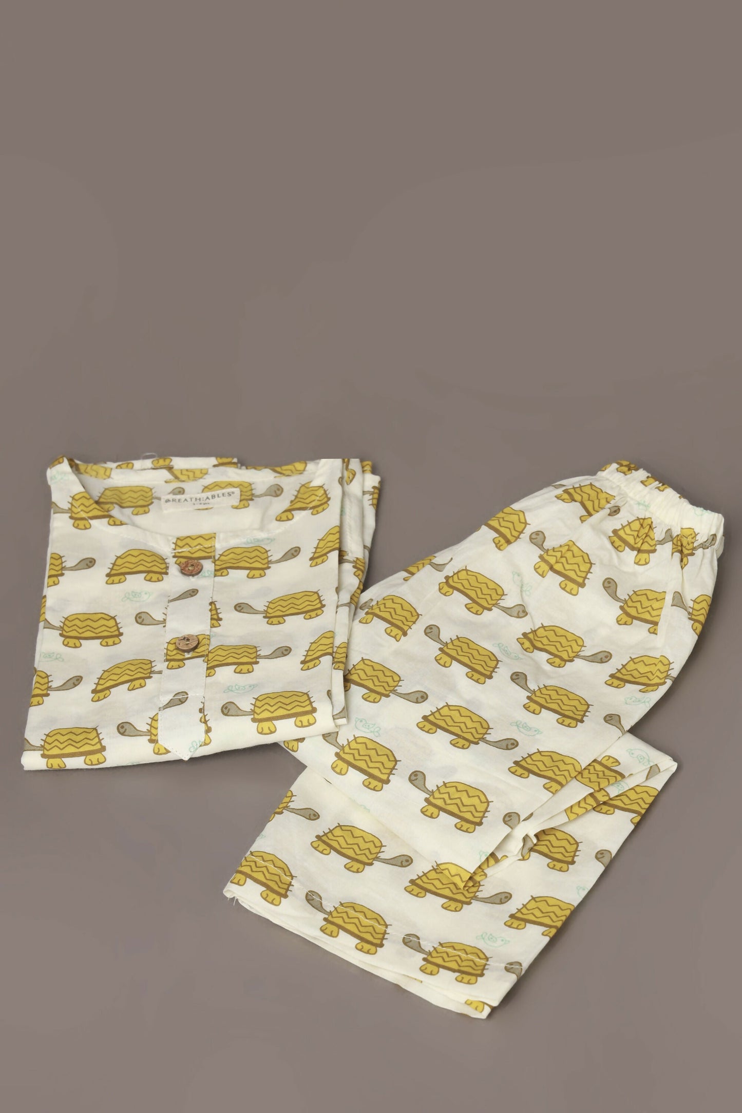 Breathables Kids Cotton Turtle Print Co-Ord Night Suit With Kurta And Pyjama – White & Yellow