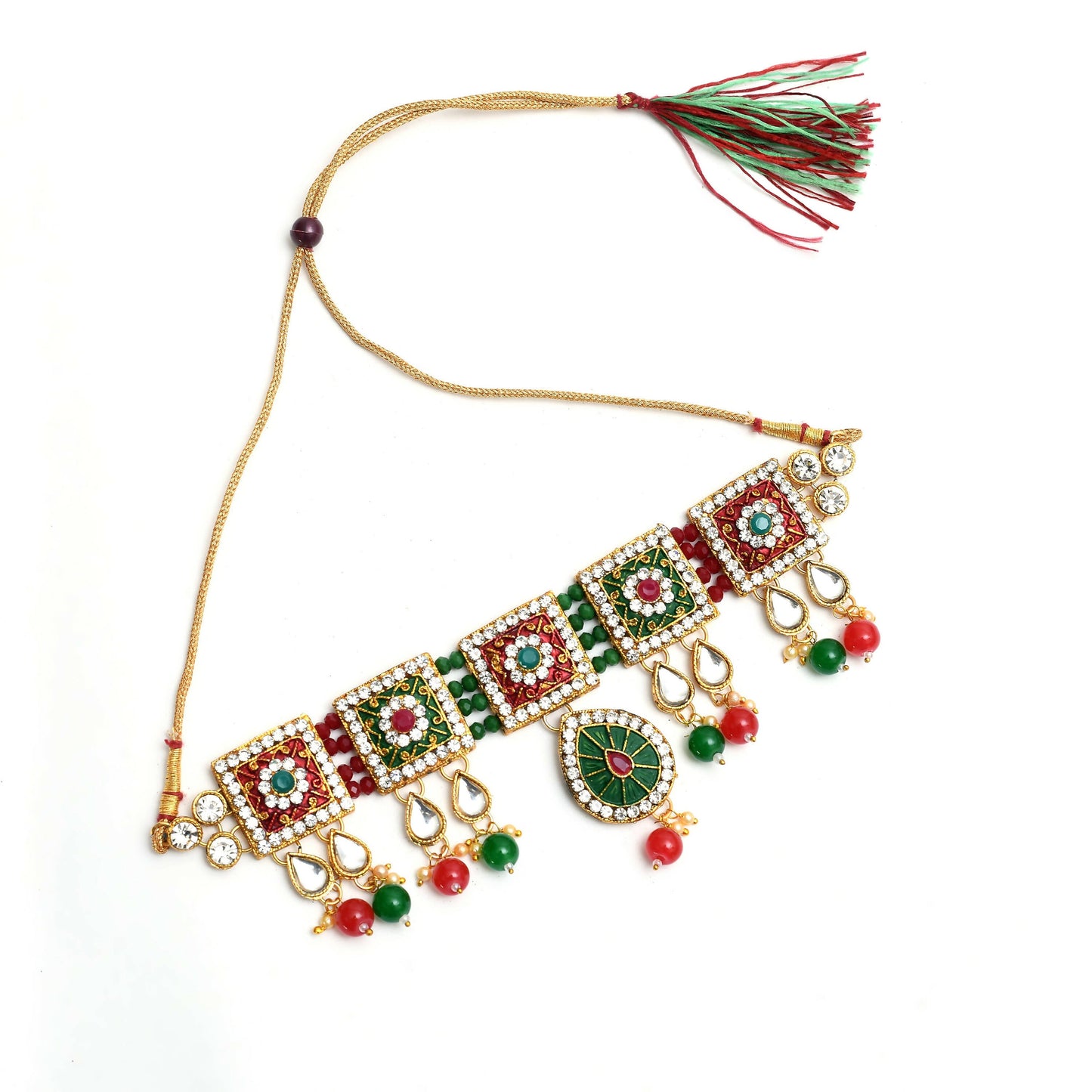 Mominos Fashion Johar Kamal Gold-Polished Brass Finish Meena & Pearls Work Choker For Women