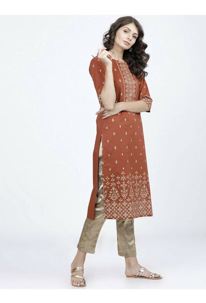 Indian Clothing Cheera Embellished Daily Wear Cotton Blend Kurta - Brown
