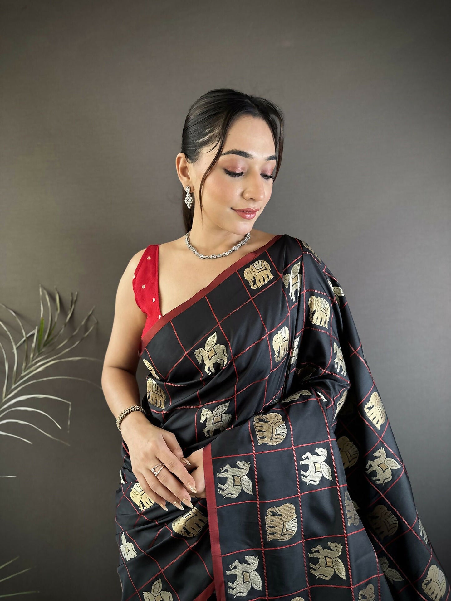 Joban Fashion Black Elephant Motif Soft Silk Banarasi silk Saree