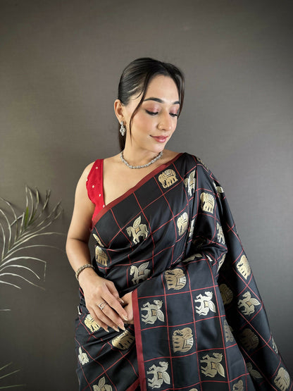 Joban Fashion Black Elephant Motif Soft Silk Banarasi silk Saree