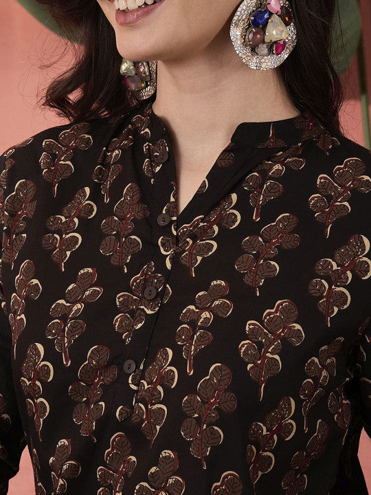 Sangria Women Printed Pure Cotton Mandarin Collar Top