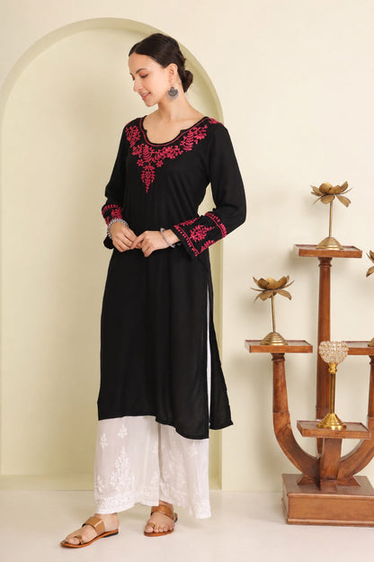 Gharana India Half Modal Black Chikankari Kurta With Pink Coloured Thread Embroidery