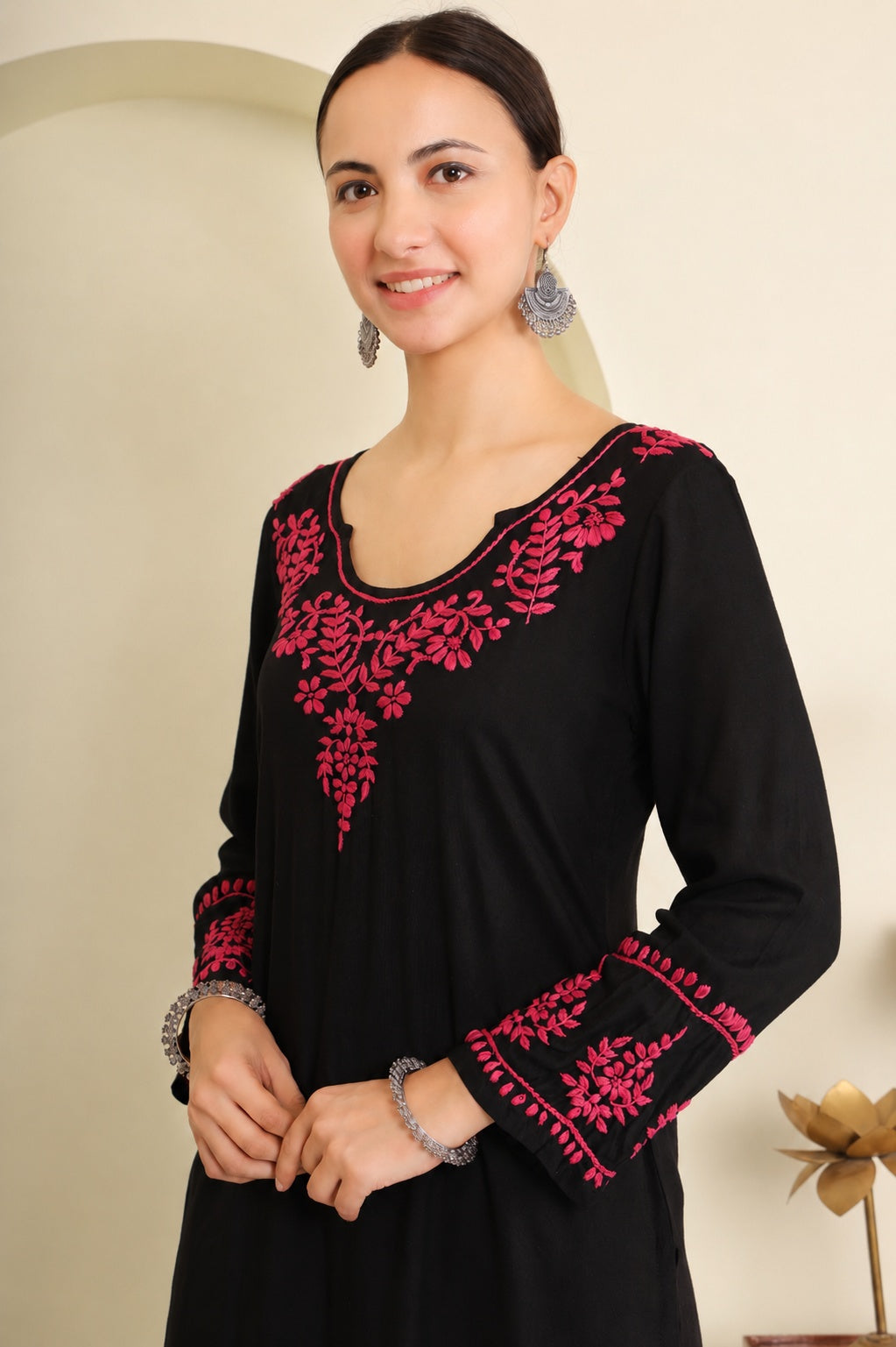Gharana India Half Modal Black Chikankari Kurta With Pink Coloured Thread Embroidery