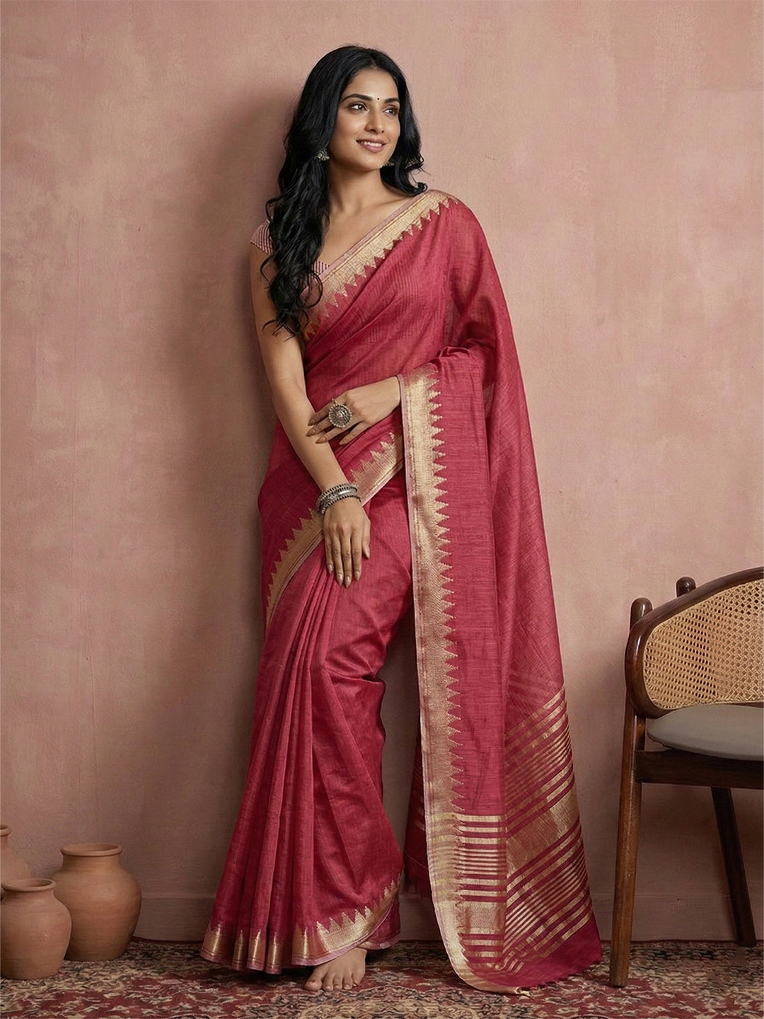 Anaita Coral Cotton Saree With Blouse