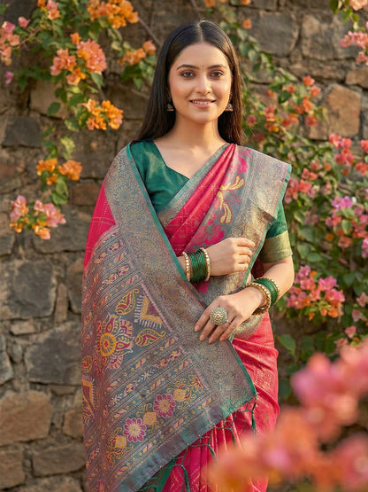 Anaita Coral Pochampally Printed Saree With Blouse
