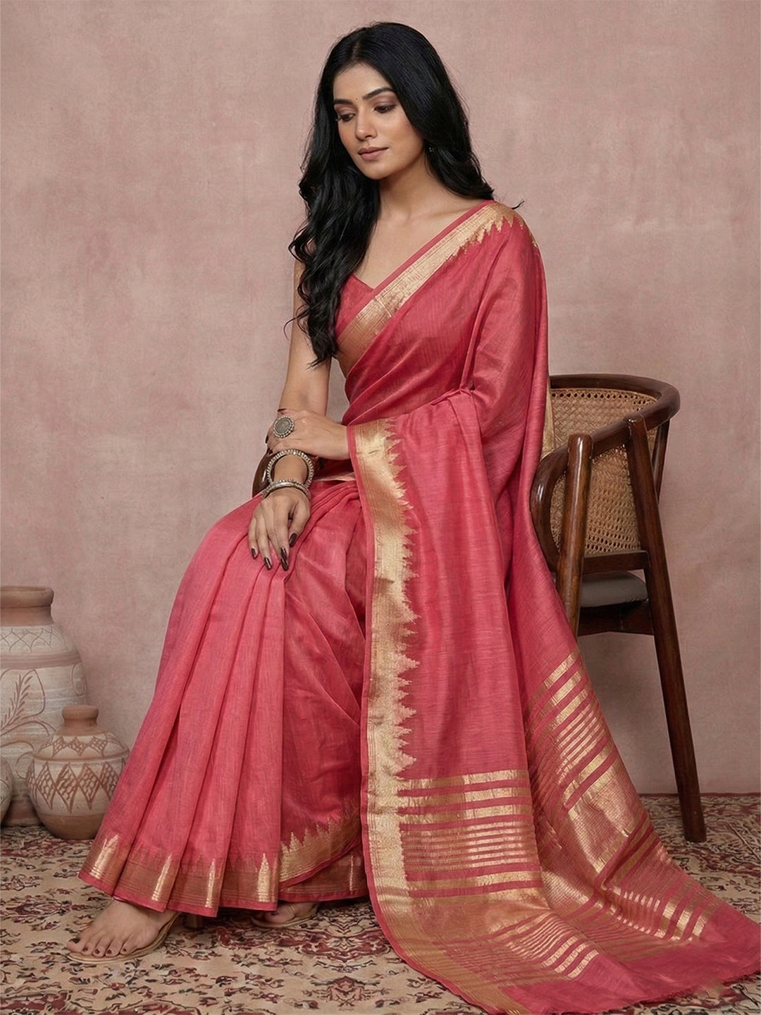 Anaita Coral Cotton Saree With Blouse