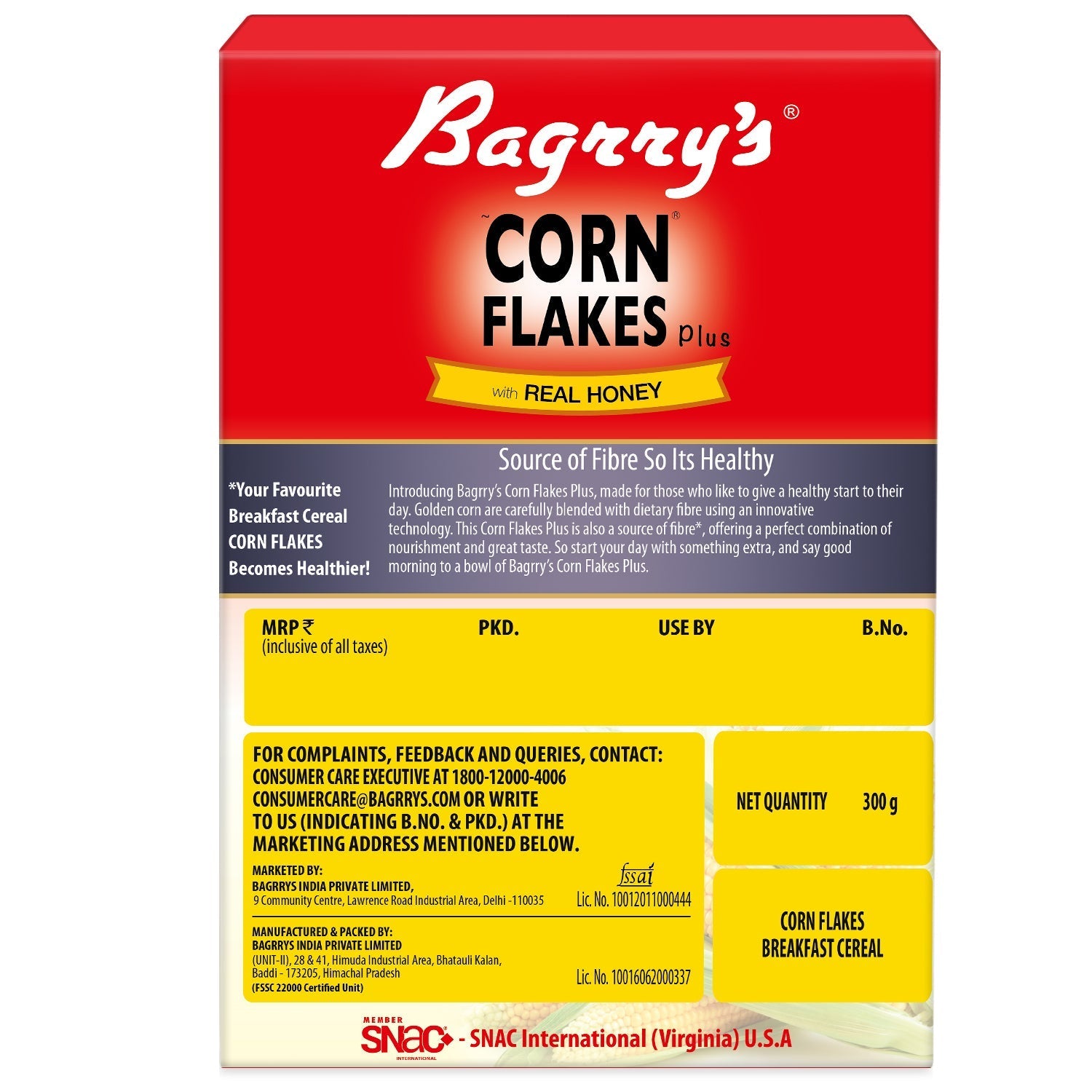 Bagrry's Corn Flakes Plus - Real Honey - 300 gms (pack of 2)