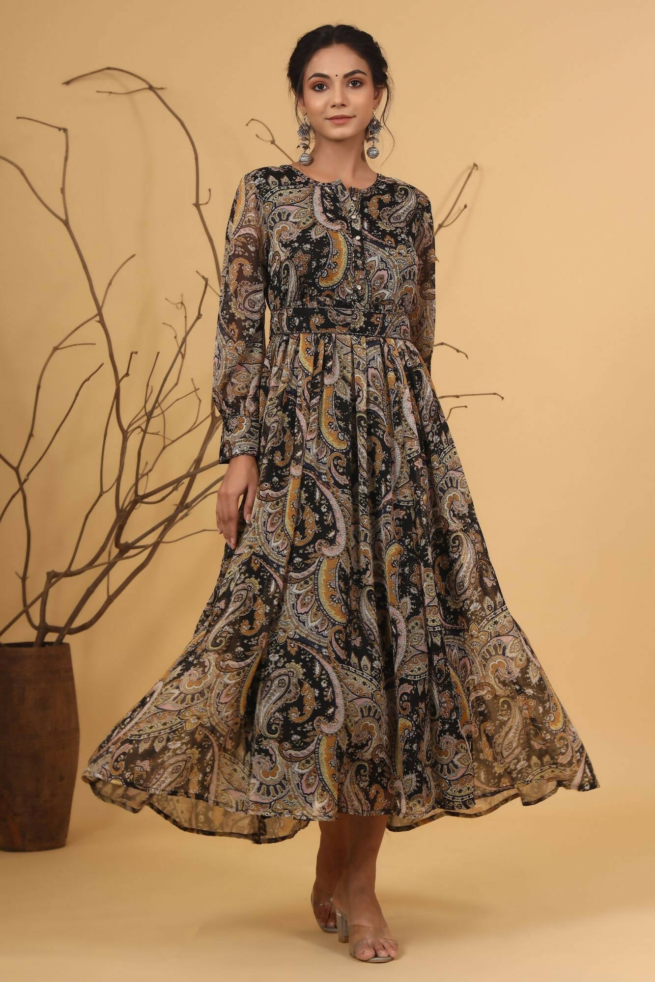 Juniper Women Black Chiffon Printed Flared Dress