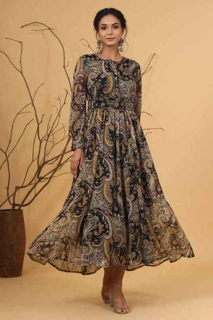 Juniper Women Black Chiffon Printed Flared Dress