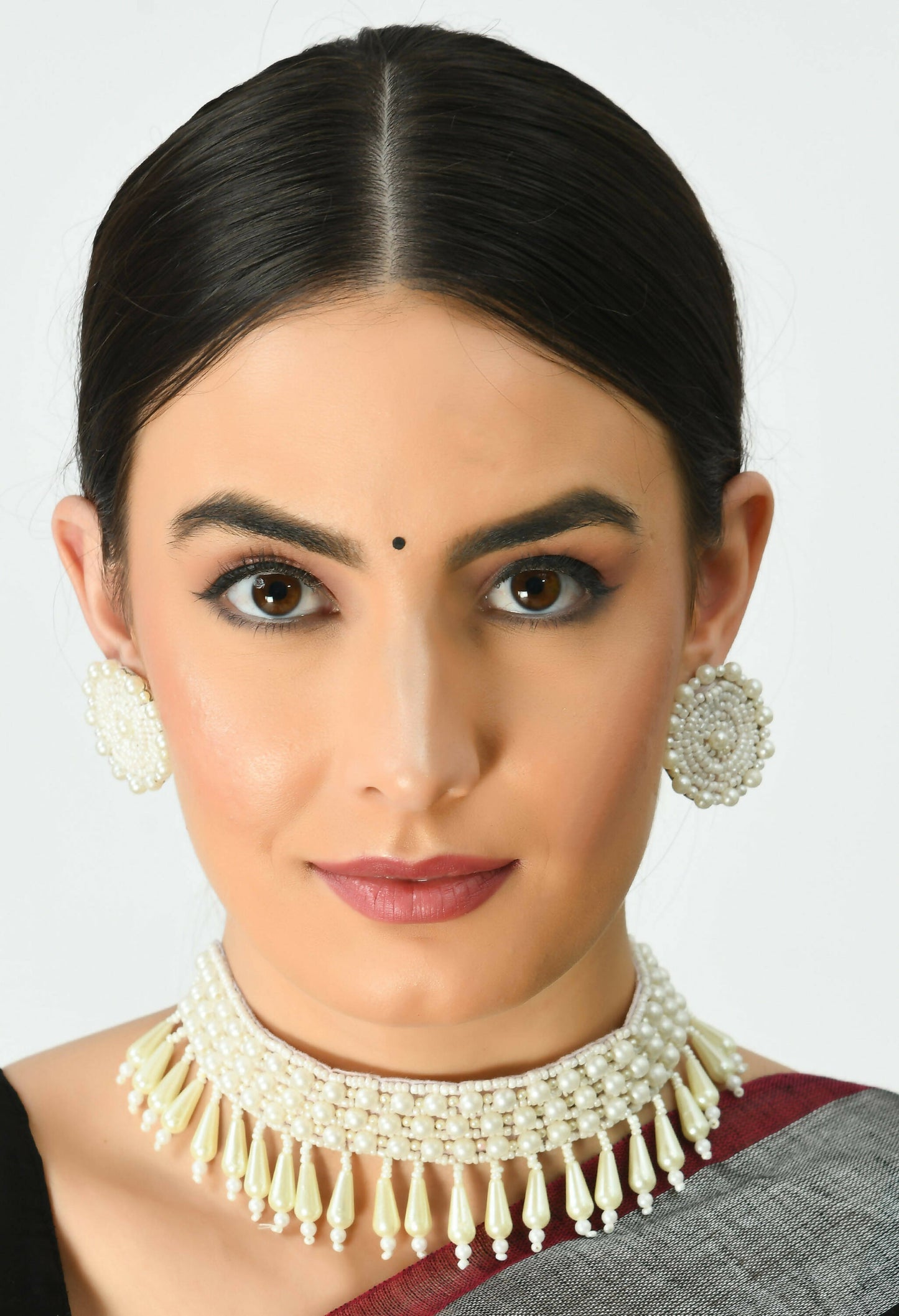 Mominos Fashion Johar Kamal Off White Handicraft Pearls Necklace with Earrings For Women