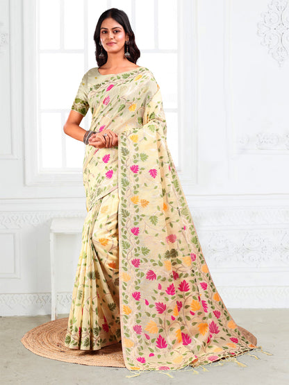 Anaita Cream Linen Printed Saree With Blouse