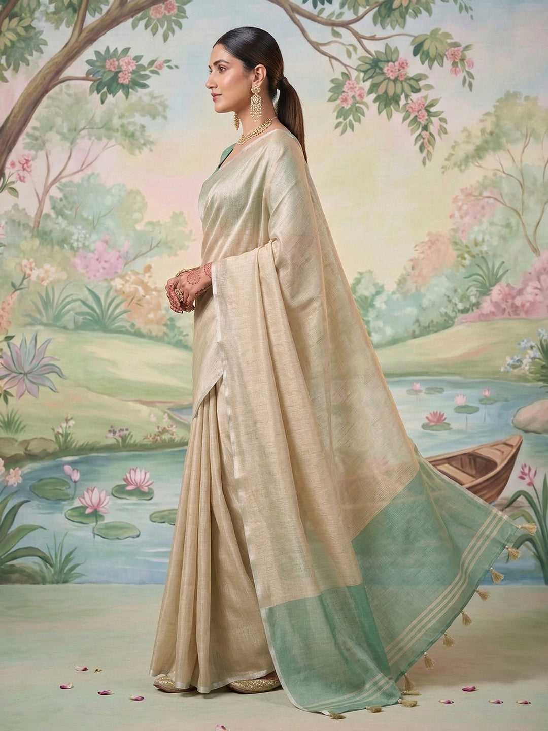 Anaita Cream Tissue Saree With Blouse