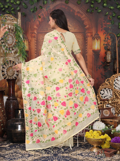 Anaita Cream Linen Printed Saree With Blouse