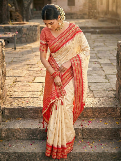 Anaita Cream Silk Woven Saree With Blouse