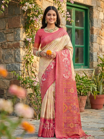 Anaita Cream Pochampally Printed Saree With Blouse