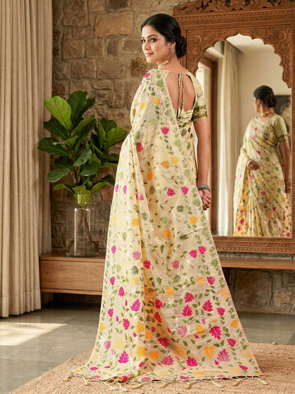 Anaita Cream Linen Woven Work Saree With Blouse