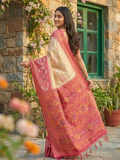 Anaita Cream Pochampally Printed Saree With Blouse