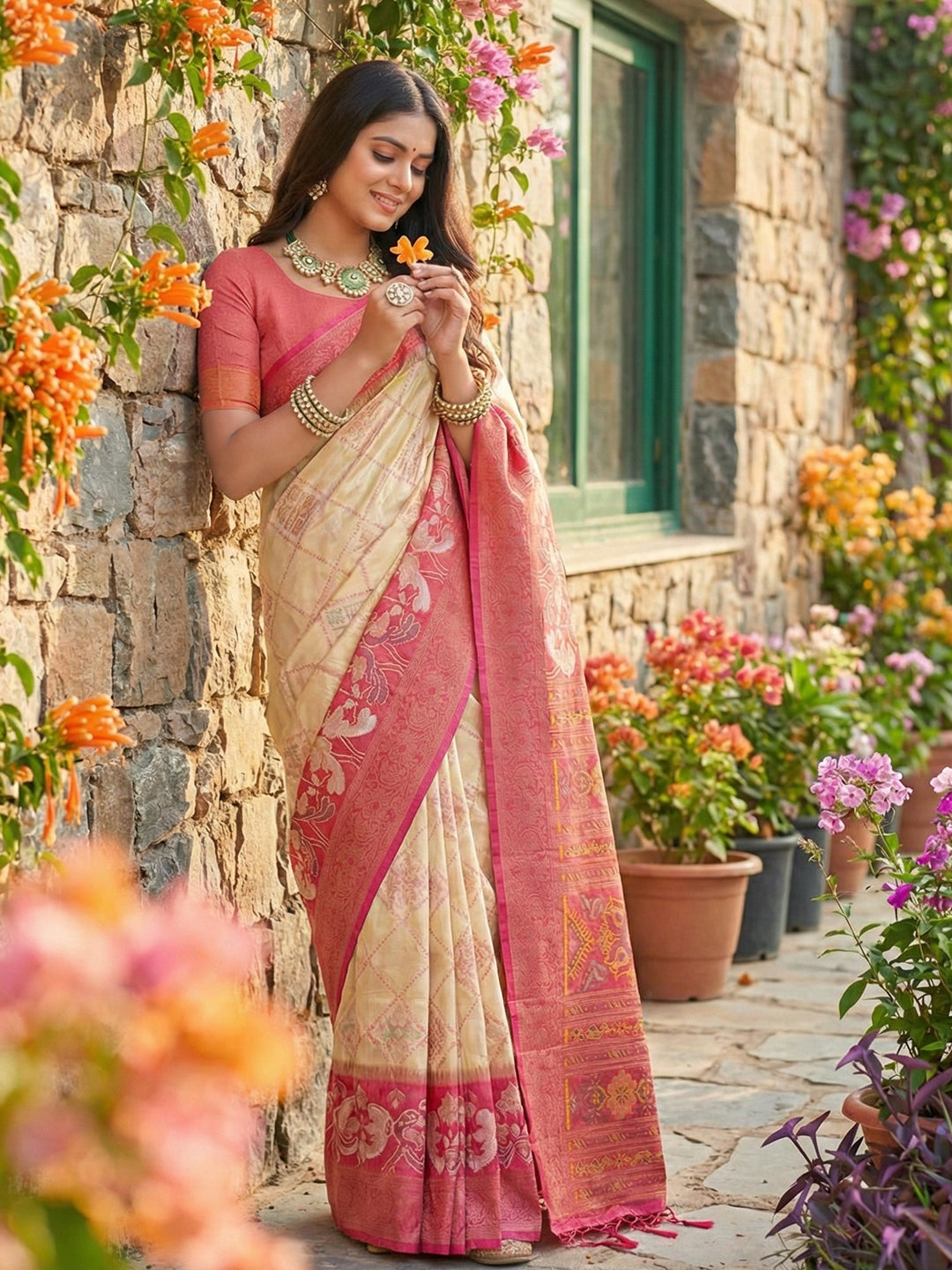 Anaita Cream Pochampally Printed Saree With Blouse