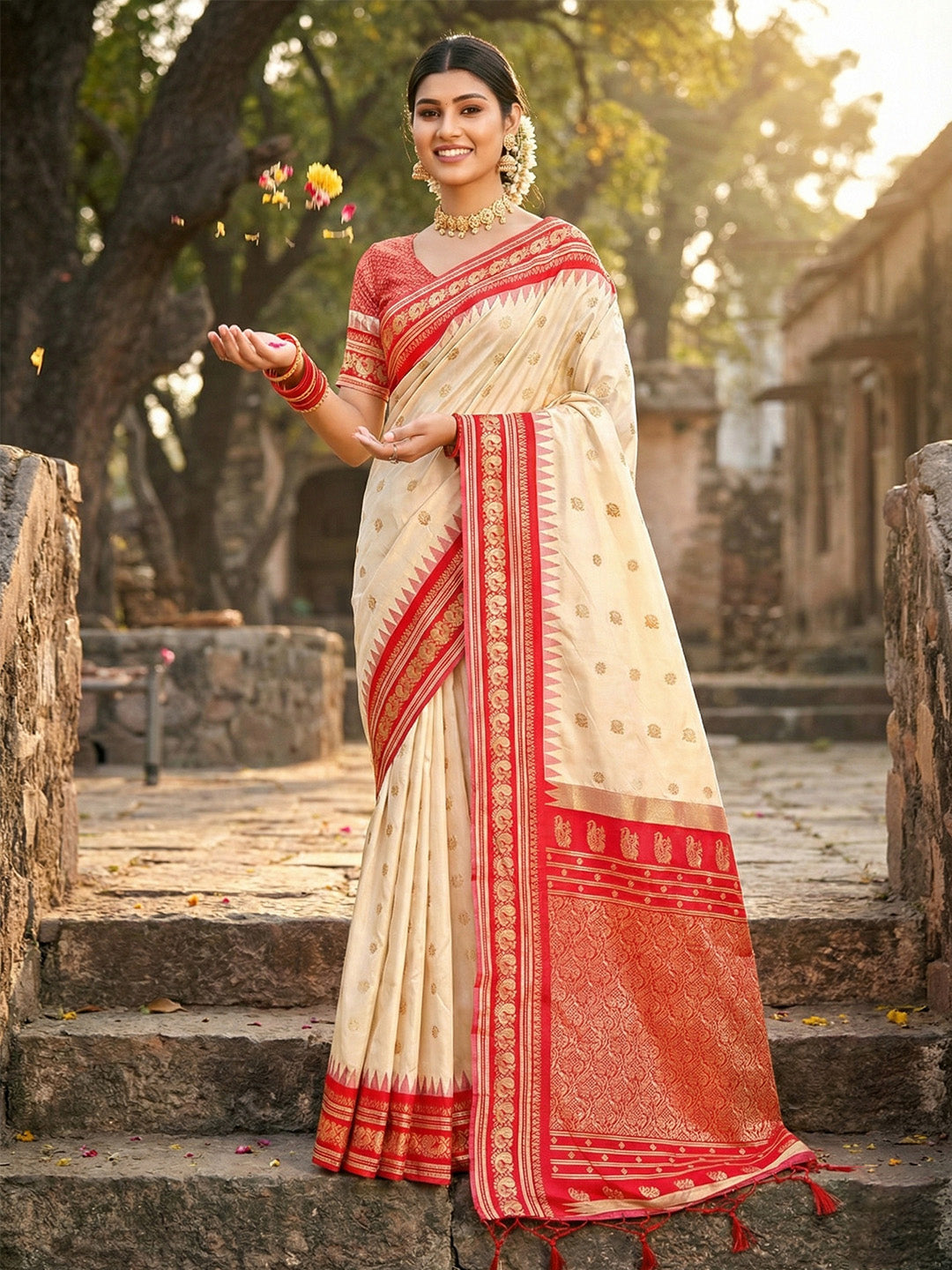 Anaita Cream Silk Woven Saree With Blouse