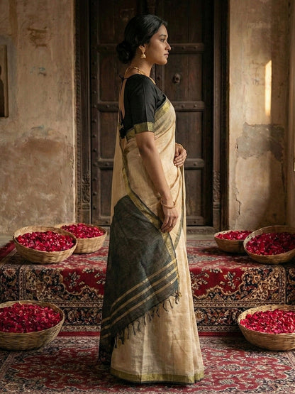 Anaita Cream Cotton Printed Saree With Blouse