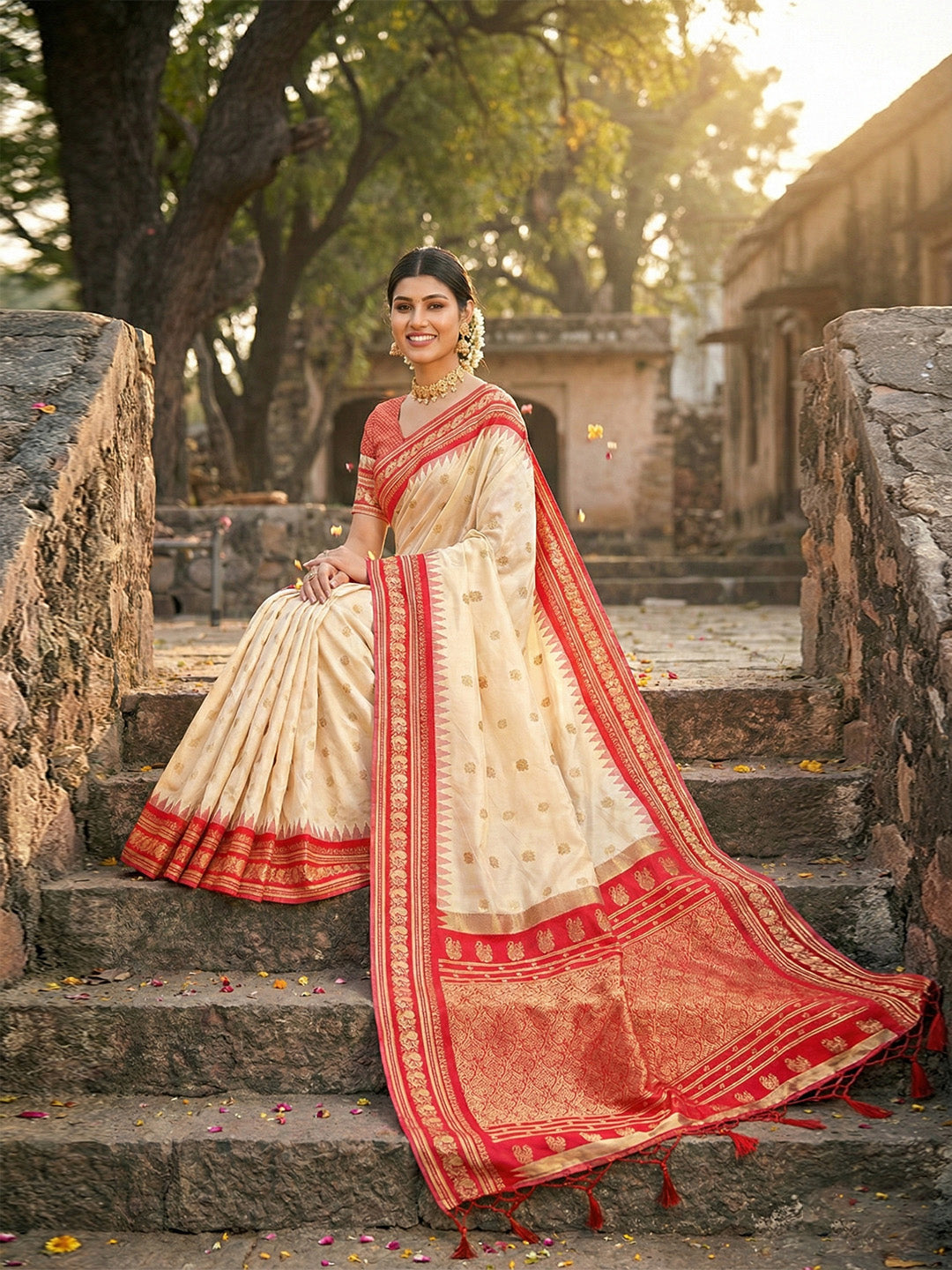 Anaita Cream Silk Woven Saree With Blouse